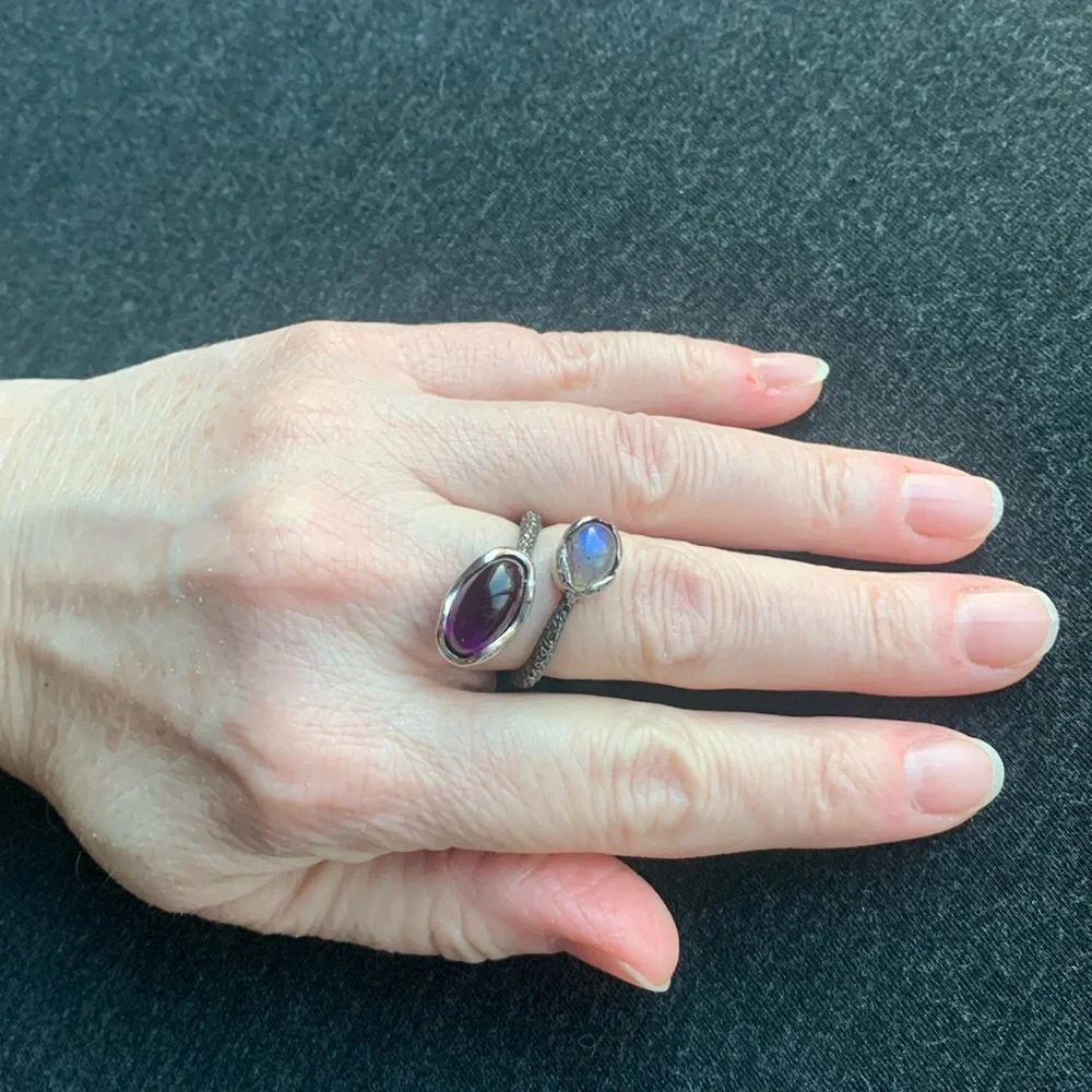 Sterling Double Stone Open Ring with Purple and Iridescent Gemstones - Picture 5 of 8